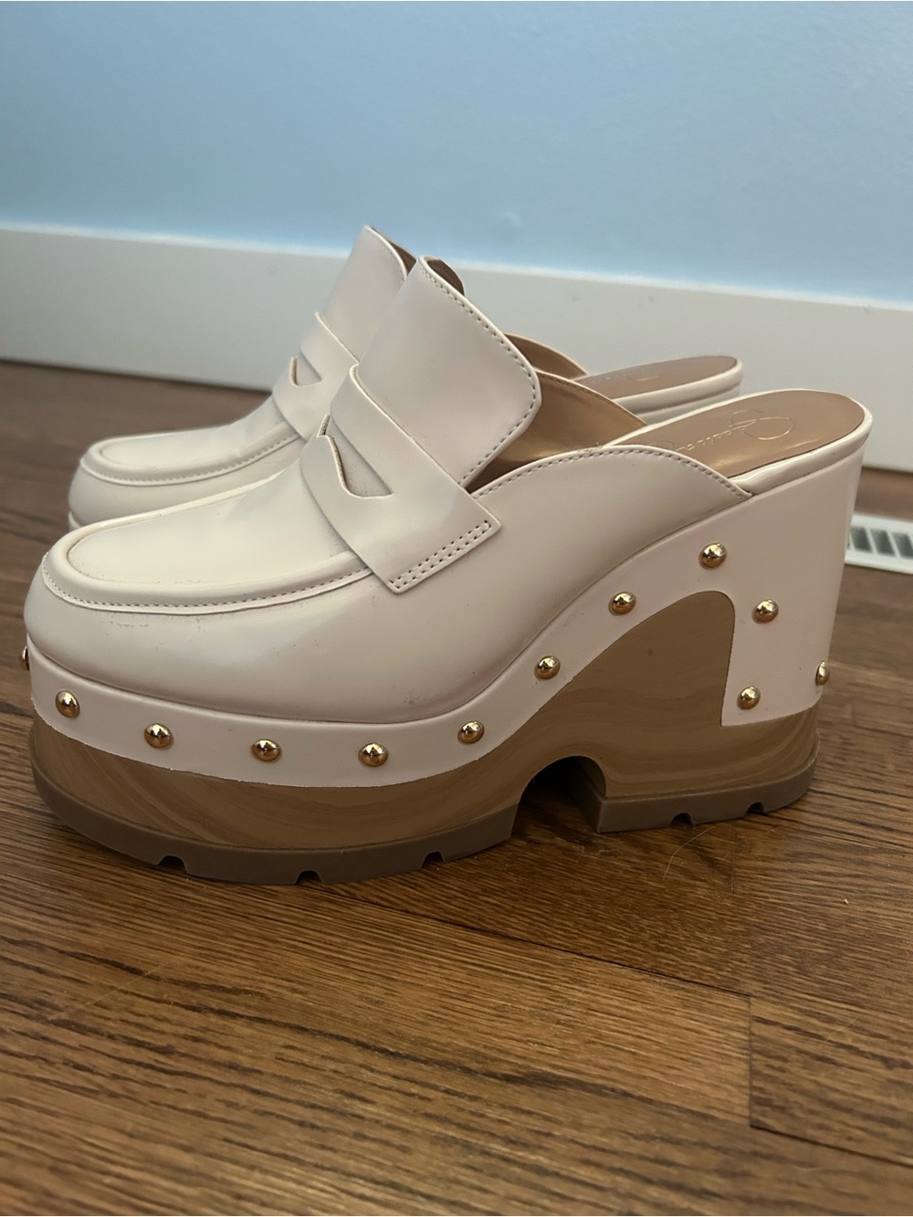 Jessica Simpson Cream Platform Clog Mules with Gold Studs